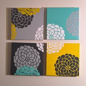 Floral Canvas Wall Art Set - Yellow, Gray, Teal, and Charcoal